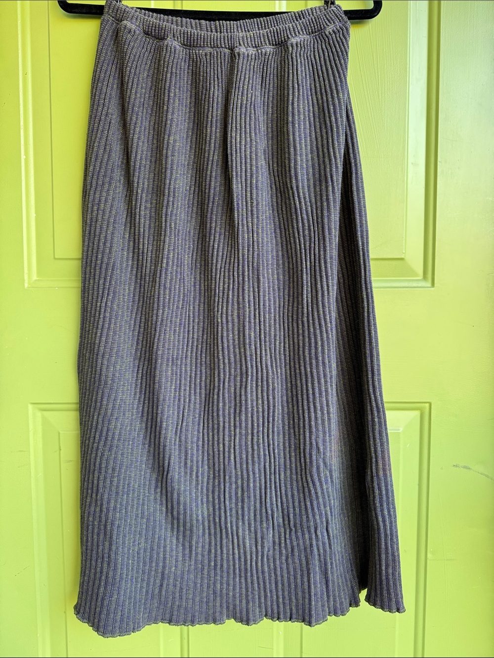 100% Cotton Ribbed Knit Midi Skirt in lime green and navy
